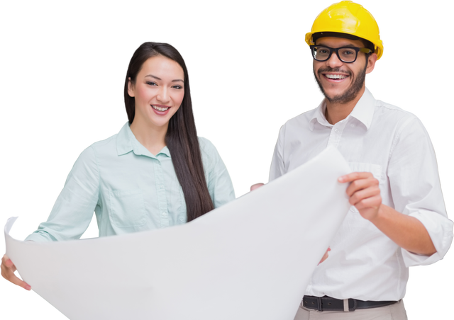 Smiling Engineers Holding Blueprints on Transparent Background - Download Free Stock Videos Pikwizard.com