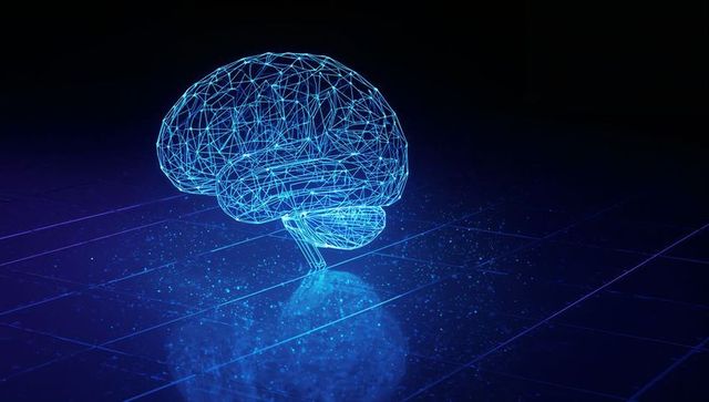 Futuristic Holographic Brain in Digital Space with Blue Wireframe