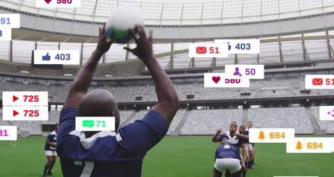 Rugby Players Analyzing Game Data with Digital Interface Overlay