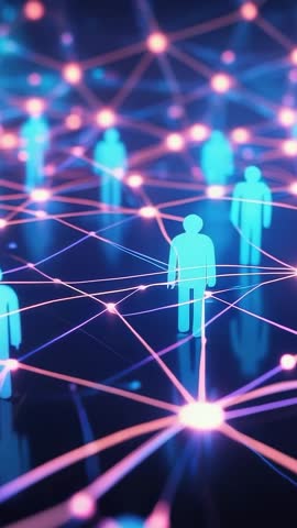 Vertical tech network animation showing neon grid and human node icons panning upward