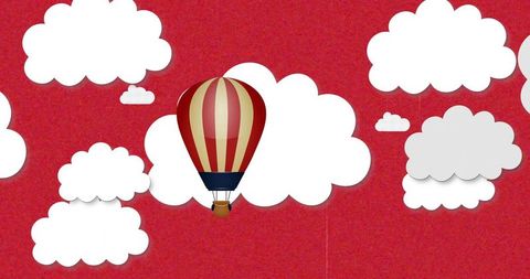 Floating striped hot air balloon drifting through red papercut clouds