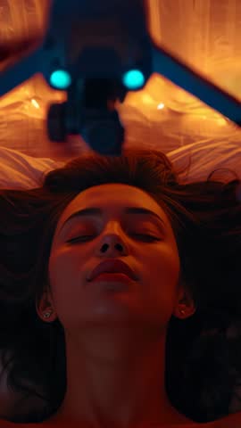 Drone entering bedroom scanning woman's face with blue LED sensors in vertical video