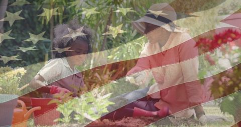 Mother and Daughter Gardening with American Flag Overlay