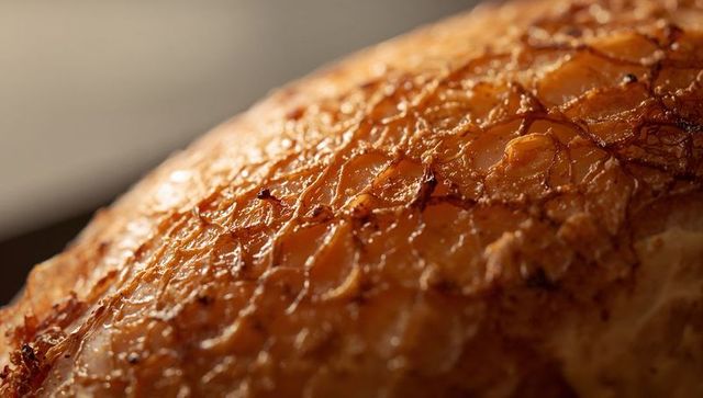 Golden crispy roasted poultry skin macro detail showing glistening fat and crackling