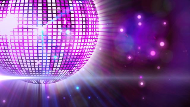 Animated vibrant purple disco ball rotating in a dark nightclub with light reflections. Perfect for use in advertisements, party invitations, music event promotions, and festive celebration graphics.