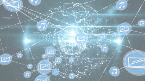 Digital Network of Connections and Blue Globe Icons