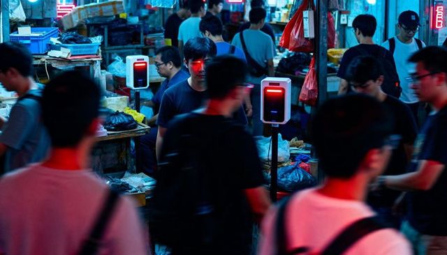 Neon night market surveillance: crowd passing biometric scanners with red laser beams