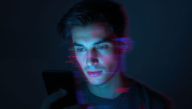 Gazing Man in Cyberpunk Space with Glitch Effect