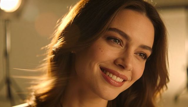 Smiling woman posing in warm studio with soft rim light and flowing hair, golden bokeh headshot