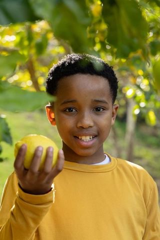 Smiling african american boy holding lemon in sunlit orchard surrounded by green leaves