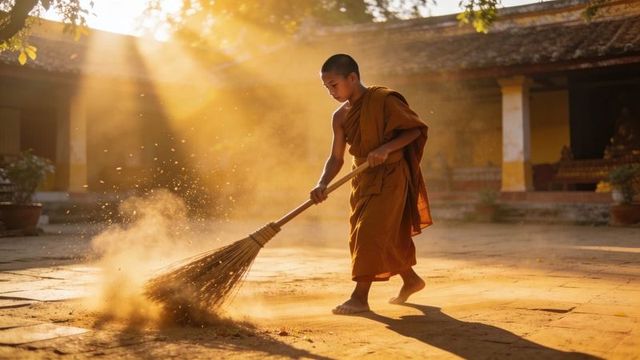 Young buddhist novice monk sweeping temple courtyard at golden hour with straw broom