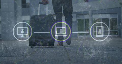 Traveler with suitcase and digital security concept overlay