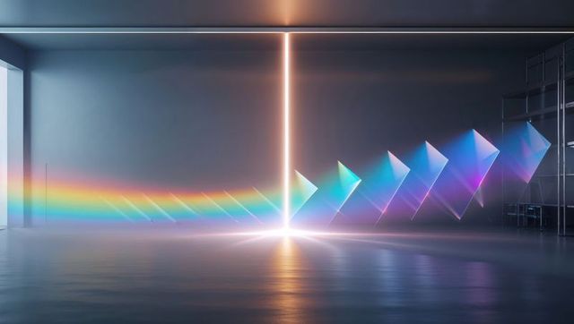 Modern gallery with a striking combination of natural light refracted through prisms, creating a vivid rainbow spectrum. This can be used in interior design publications, art gallery marketing, and technology advertising to depict innovative creativity and modern design aesthetics.