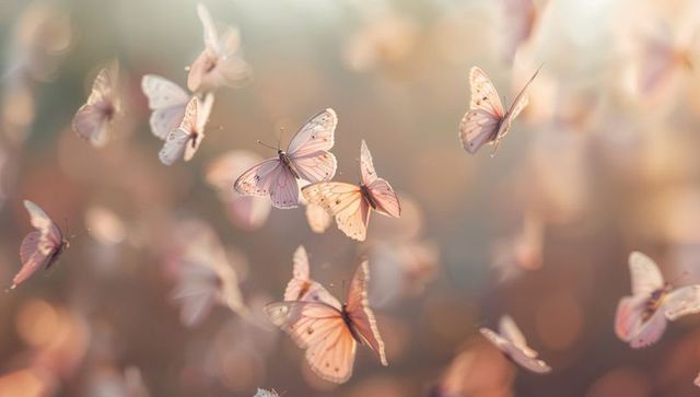 Fluttering pale pink butterflies in golden meadow with ethereal pastel bokeh