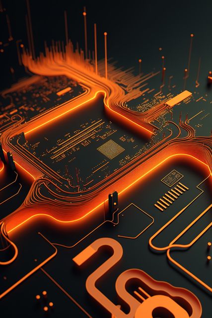 Image of 3d computer circuit board and orange light trails on dark background. Computing and data processing concept created using generative ai technology.