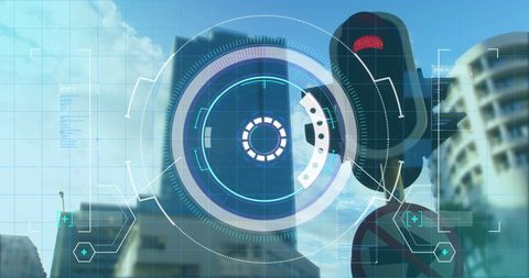 Futuristic Digital Interface Overlay on Urban Cityscape