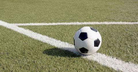 Soccer ball resting on white field line at grass pitch in bright sunlight