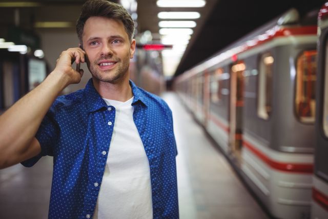 Man standing on railway platform, talking on mobile phone, smiling. Ideal for use in travel, communication, and urban lifestyle contexts. Suitable for advertisements, blogs, and articles about commuting, technology, and modern life.