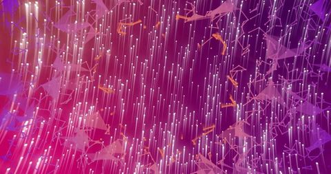 Streaming neon fiber optic strands forming luminous network and polygonal particles