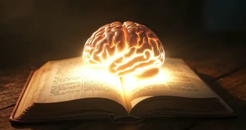 Glowing Brain Model Hovering Above Open Book in Dim Study