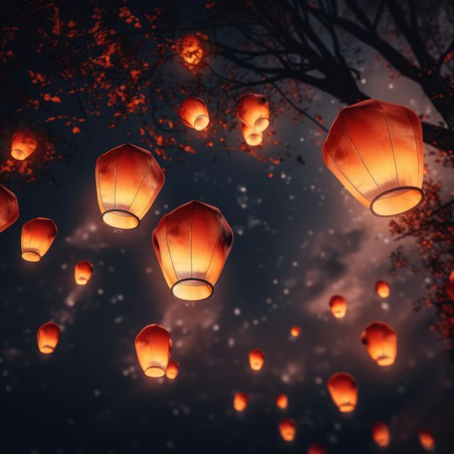 Multiple lighted chinese lanterns over tree and sky created using generative ai technology - Download Free Stock Photos Pikwizard.com