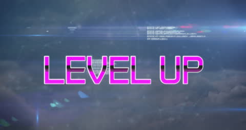 Futuristic Level Up Digital Graphic with Cloudy Sky Background