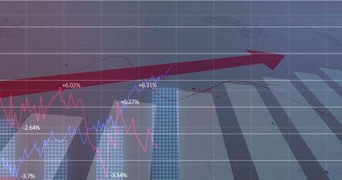 Visualizing financial growth with red arrow and data graphs