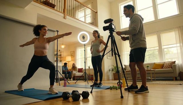 Home fitness filming session with instructor recording woman performing lunge on yoga mat