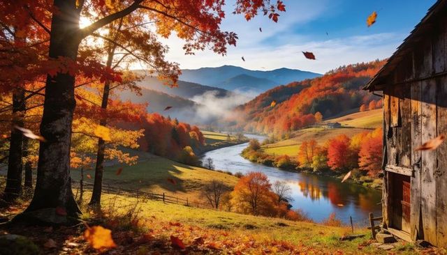 Flowing autumn river reflecting golden light in misty valley with rustic barn and colorful trees