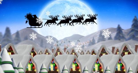 Santa's Sleigh Silhouette Over Snowy Christmas Village - Download Free Stock Images Pikwizard.com