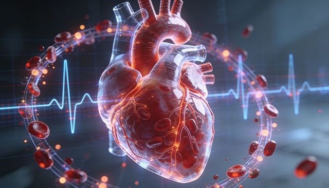 Holographic cardiac model with glowing coronary vessels, orbiting red blood cells, ecg waveform