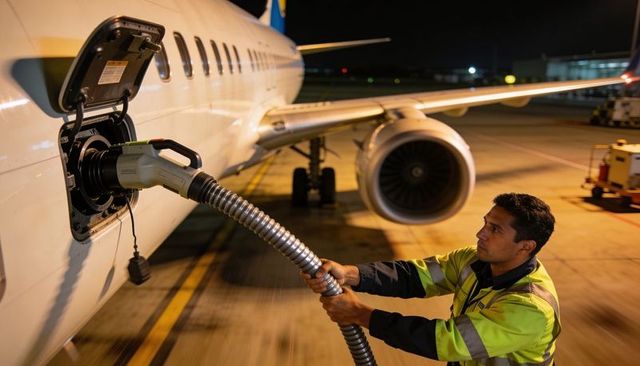 Nighttime aircraft refueling technician connecting fuel hose to narrowbody jet on airport ramp