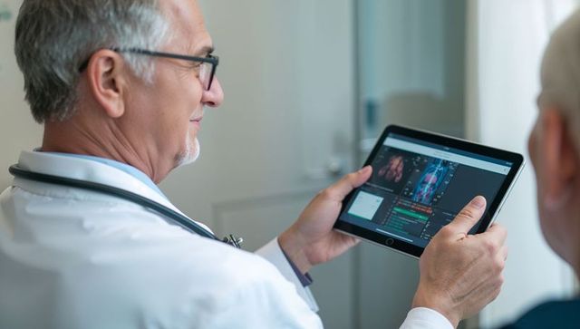 Senior doctor consulting patient with tablet showing chest scans and ai diagnostics