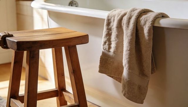 Beige towel draping over freestanding white bathtub with wooden stool in sunlit bathroom