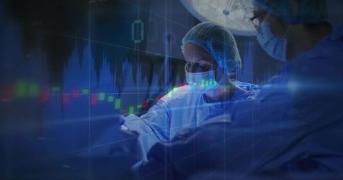 Innovative medical surgeons in operation with financial graph overlay