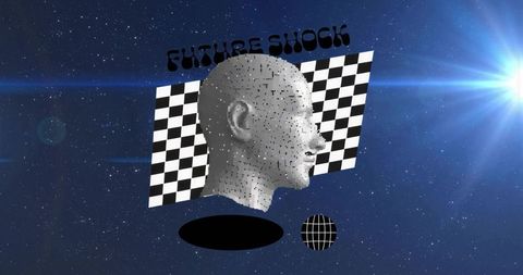 Future shock floating 3d head with checkerboard panel in cosmic sci-fi collage