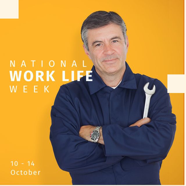 Image of national work life week over caucasian senior male mechanic. Business and work life balance concept.