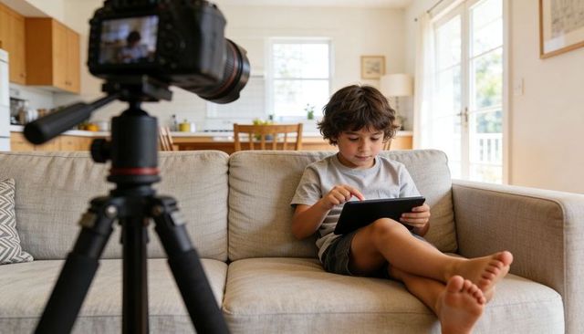 Child using tablet on sofa while DSLR on tripod records home learning and creative play