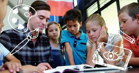 Male teacher engaging diverse students in art education