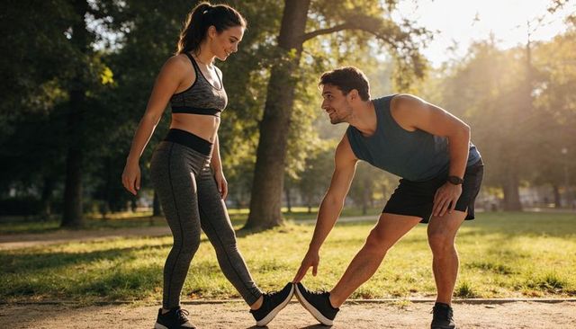 Young couple stretching together on sunlit park path before morning outdoor workout