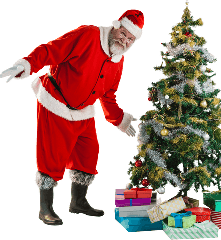 Transparent Santa Claus Decorating Christmas Tree with Gifts