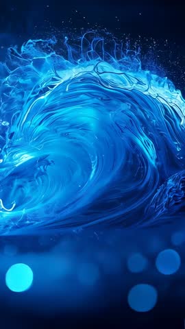 Luminous Blue Wave Curling and Glowing with Particle Spray Vertical CGI Loop