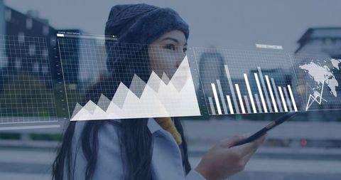 Urban professional checking phone with augmented reality finance charts overlaying cityscape