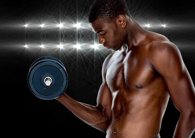 This image depicts a muscular man lifting a dumbbell against a black background with bright lights. It is ideal for use in fitness and bodybuilding promotions, gym advertisements, health and wellness blogs, and sports-related content. The image conveys strength, determination, and an active lifestyle.