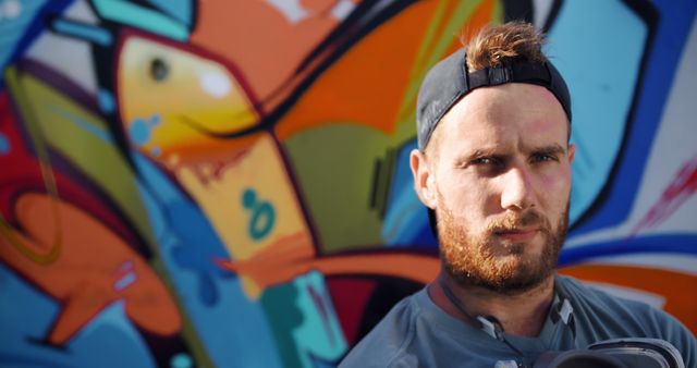 A confident male artist wearing casual clothing and a backward cap stands in front of a vibrant urban graffiti mural. The colorful background signifies creativity and self-expression, making it suitable for use in projects related to art, modern culture, youth lifestyle, and street art promotion.