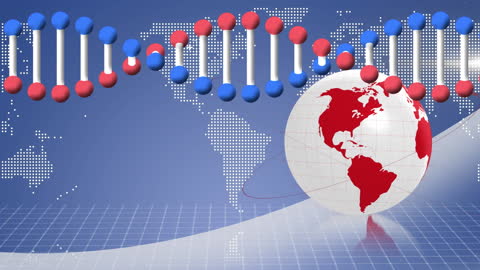 Rotating Globe and DNA Strand Over World Map Background
