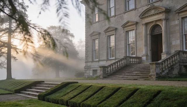 Sunrise mist bathing historic stone manor with grand staircase, columns and formal gardens