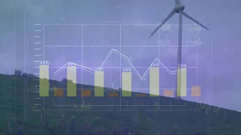 Wind Turbine with Digital Charts Symbolizing Green Technology