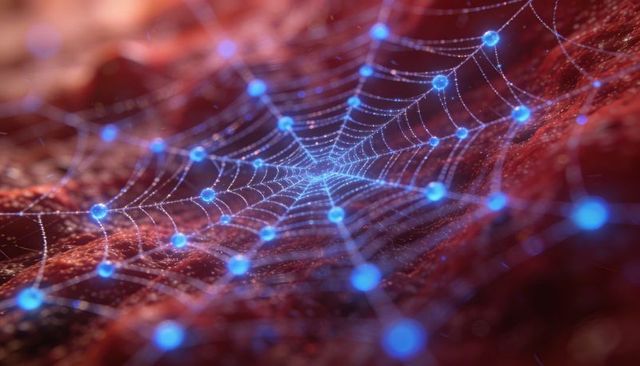 Glowing blue-node web over organic red surface, futuristic neural network macro concept