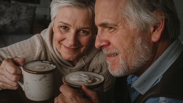 Senior couple enjoying cozy lattes at home, sharing warm companionship while smiling